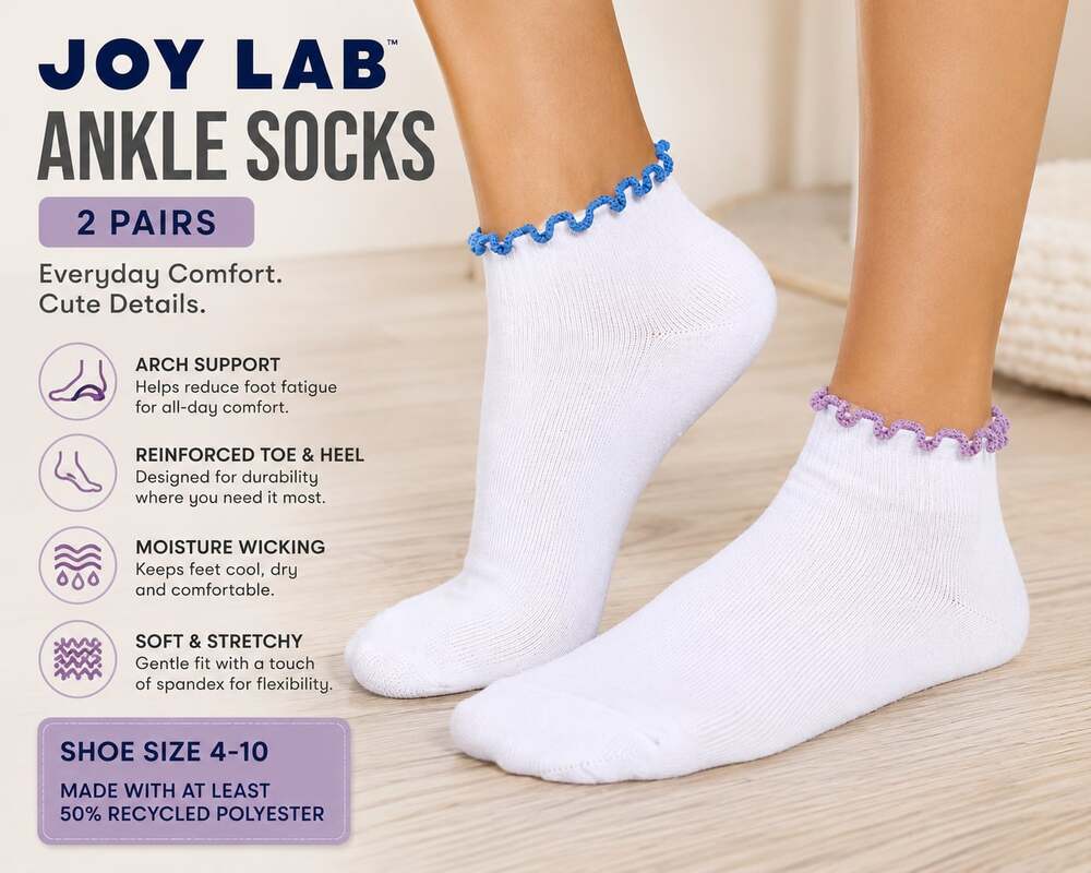 NWT JoyLab Womens White Ruffle Ankle Socks 2 1 Pair Blue Purple Trim Size 4-10